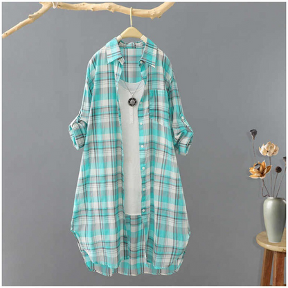 Women’s Midi Dress – Loose Fit – Cotton – Plaid Button Down – Shirt Collar