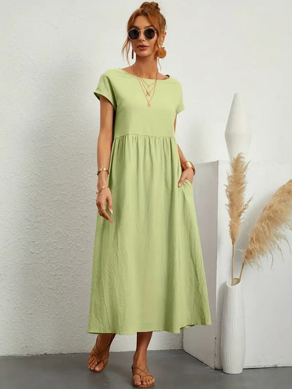 Women's Maxi Dress - Short Sleeve A-Line - Crew Neck Loose Fit - Flowy Casual Wear