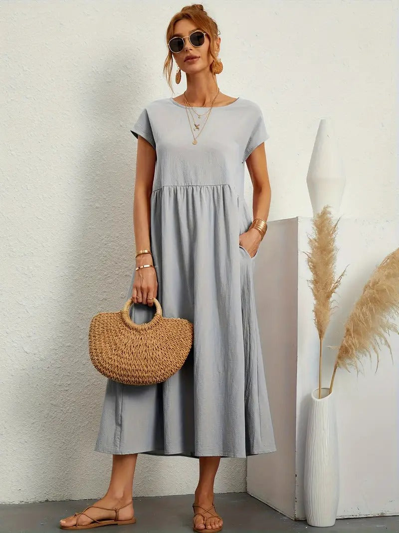 Women's Maxi Dress - Short Sleeve A-Line - Crew Neck Loose Fit - Flowy Casual Wear