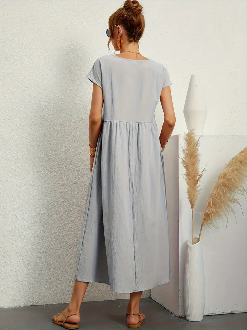 Women's Maxi Dress - Short Sleeve A-Line - Crew Neck Loose Fit - Flowy Casual Wear