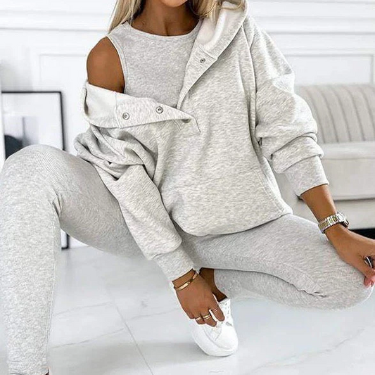 Women’s Three-Piece Set - Tank Top - Hooded Sweatshirt - Slim Fit Pants - Knit - Ankle Length
