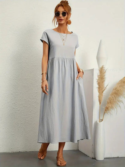 Women's Maxi Dress - Short Sleeve A-Line - Crew Neck Loose Fit - Flowy Casual Wear