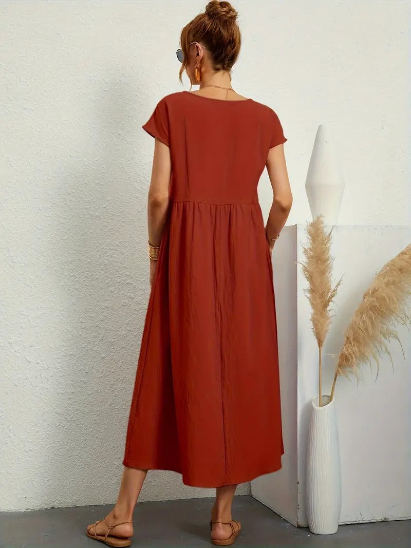 Women's Maxi Dress - Short Sleeve A-Line - Crew Neck Loose Fit - Flowy Casual Wear