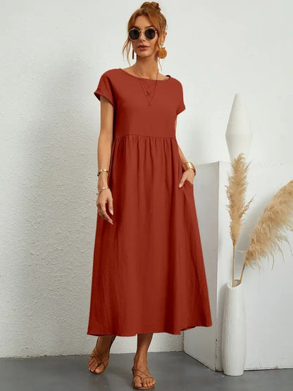 Women's Maxi Dress - Short Sleeve A-Line - Crew Neck Loose Fit - Flowy Casual Wear