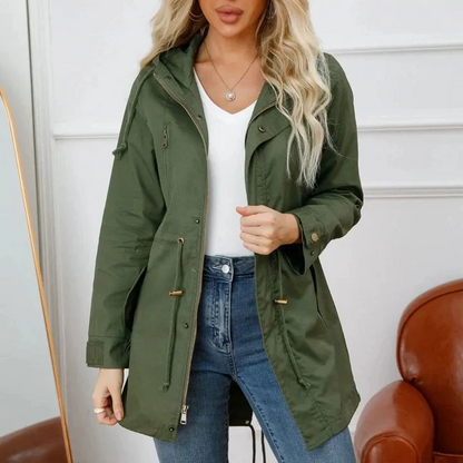 Women’s Mid-Thigh Parka Jacket - Cotton Blend - Hooded Stand Collar - Adjustable Waist