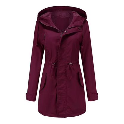 Women’s Mid-Thigh Parka Jacket - Cotton Blend - Hooded Stand Collar - Adjustable Waist