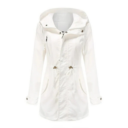 Women’s Mid-Thigh Parka Jacket - Cotton Blend - Hooded Stand Collar - Adjustable Waist