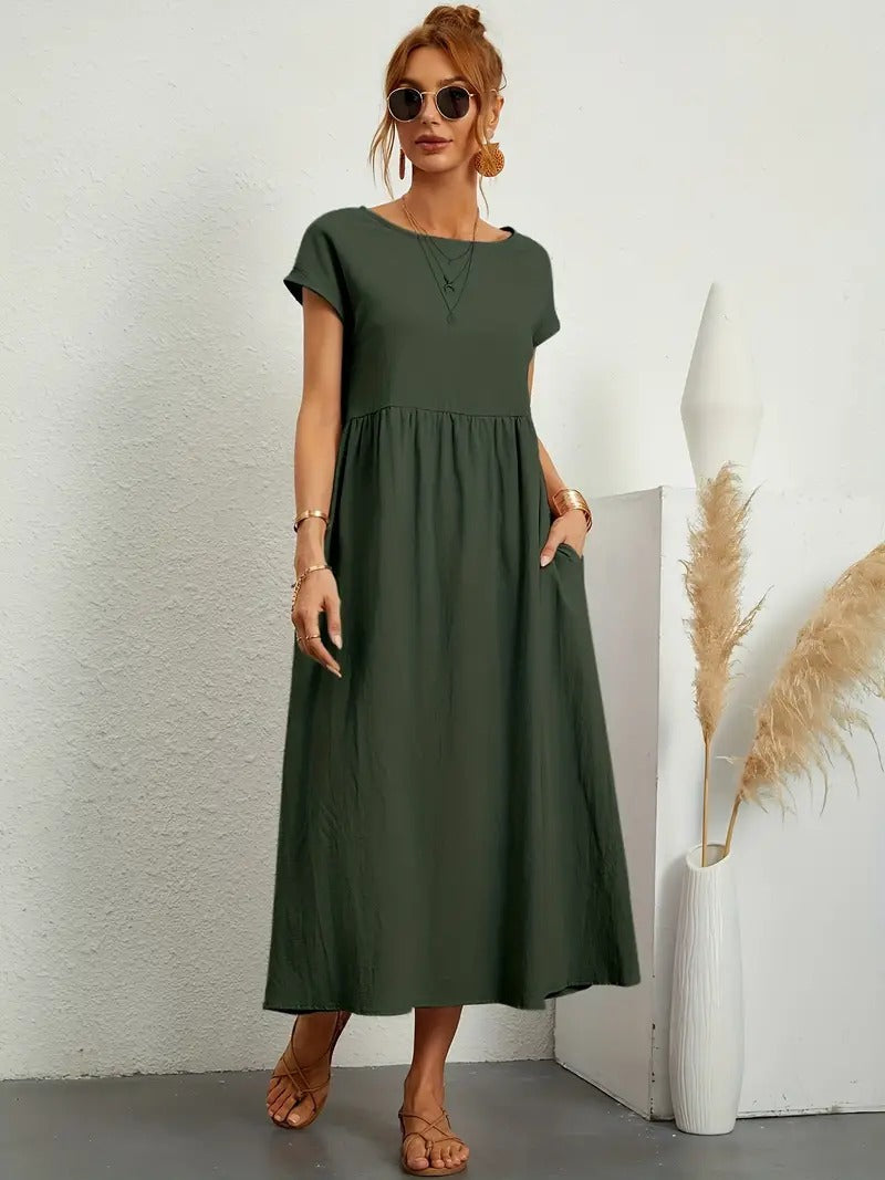 Women's Maxi Dress - Short Sleeve A-Line - Crew Neck Loose Fit - Flowy Casual Wear