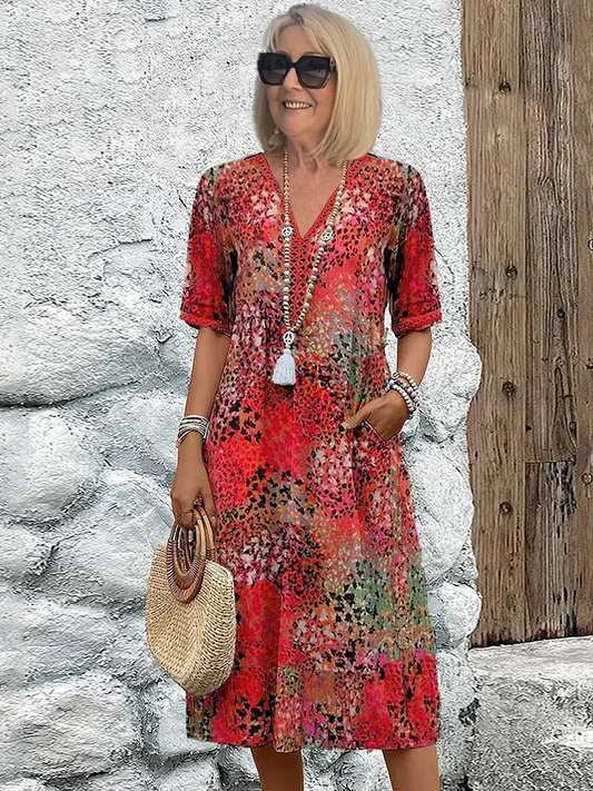 Women’s Midi Dress – V-Neck – Relaxed Fit – Elbow Sleeve – Breathable Blend – Pockets