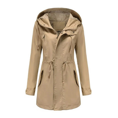 Women’s Mid-Thigh Parka Jacket - Cotton Blend - Hooded Stand Collar - Adjustable Waist
