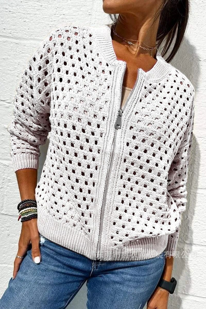 Women’s Knitted Jacket – Relaxed Fit – Open-Knit Texture – Ribbed Trim – Zip Front