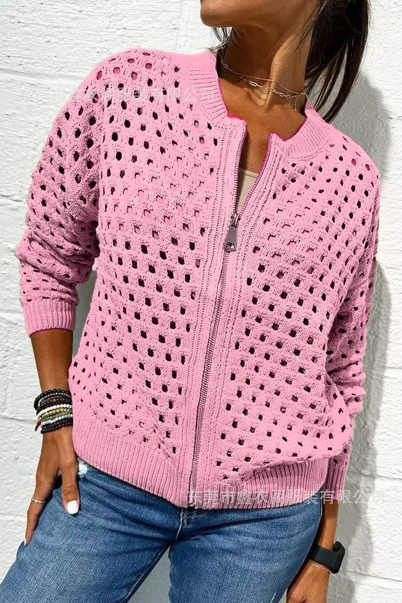 Women’s Knitted Jacket – Relaxed Fit – Open-Knit Texture – Ribbed Trim – Zip Front