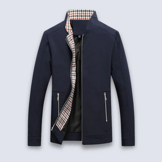 Men’s Hip-Length Bomber Jacket - Woven Blend - Stand-Up Collar - Zipper Pockets