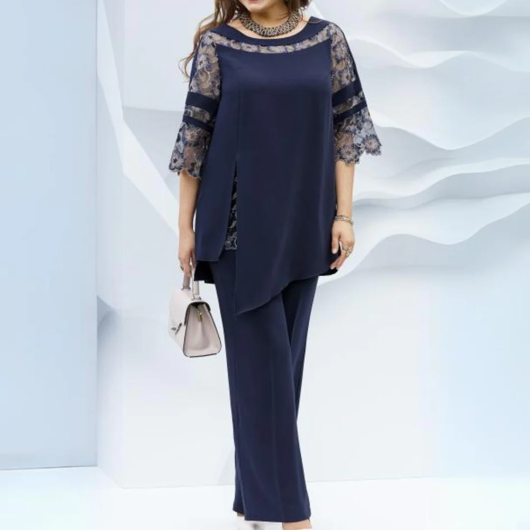 Women’s Two-Piece Set - Tunic Top - Straight Leg Pants - Woven Fabric - Boat Neck - Lace Detail