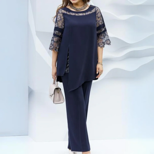 Women’s Two-Piece Set - Tunic Top - Straight Leg Pants - Woven Fabric - Boat Neck - Lace Detail