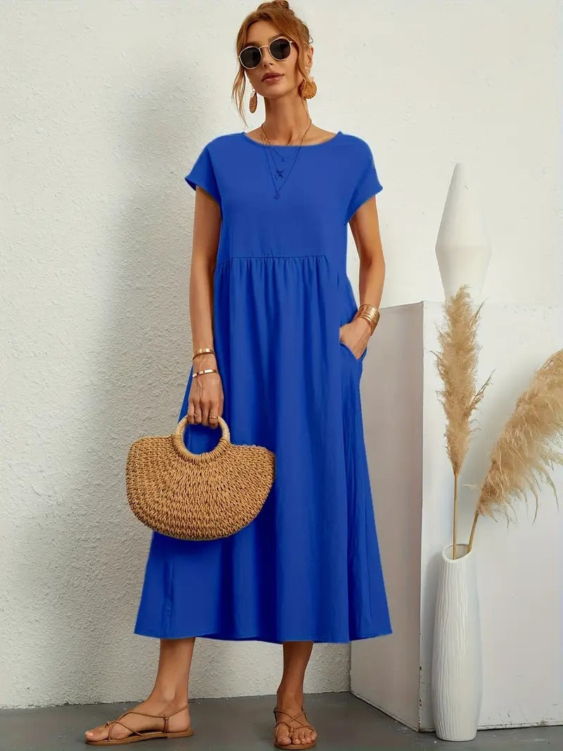 Women's Maxi Dress - Short Sleeve A-Line - Crew Neck Loose Fit - Flowy Casual Wear