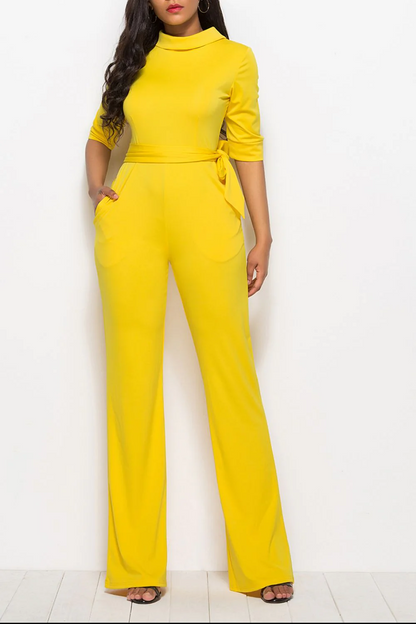 Women’s Full-Length Wide-Leg Jumpsuit - Stretch Fabric - Stand Collar - Waist Tie