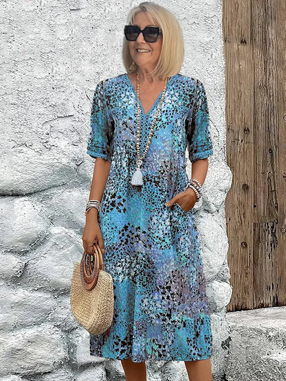 Women’s Midi Dress – V-Neck – Relaxed Fit – Elbow Sleeve – Breathable Blend – Pockets