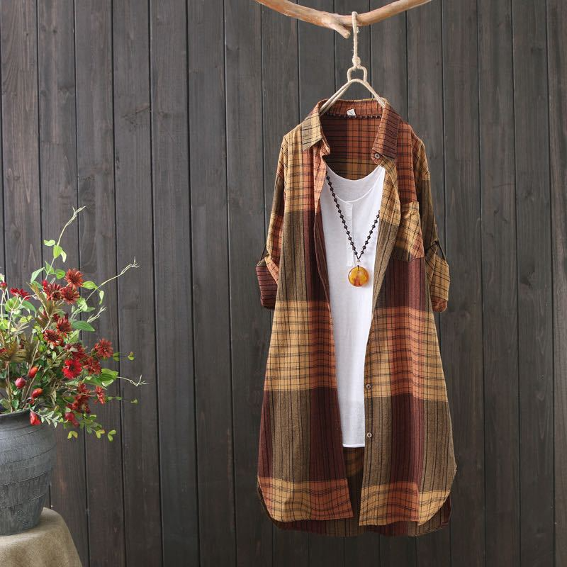 Women’s Plaid Shirt Top – Oversized Fit – Cotton – Button-Down with Pocket – Tunic Length