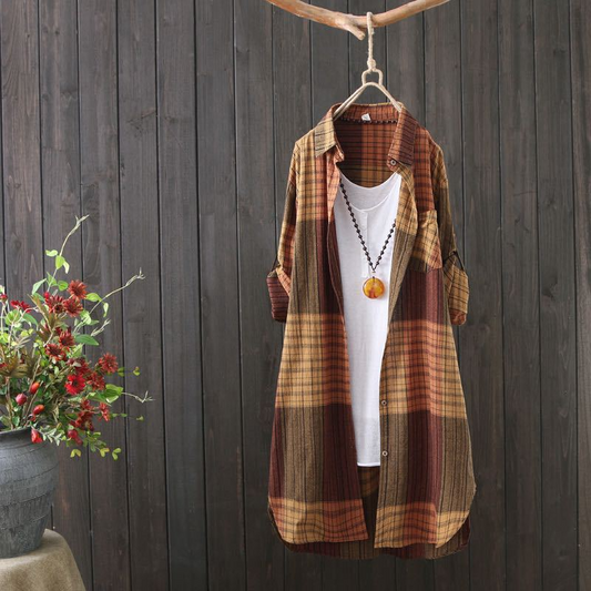 Women’s Plaid Shirt Top – Oversized Fit – Cotton – Button-Down with Pocket – Tunic Length