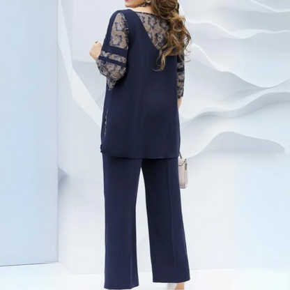 Women’s Two-Piece Set - Tunic Top - Straight Leg Pants - Woven Fabric - Boat Neck - Lace Detail