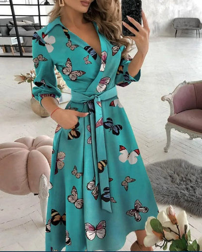 Women's Wrap Dress - V-Neck - Long Sleeve - Adjustable Waist Tie - Butterfly Print