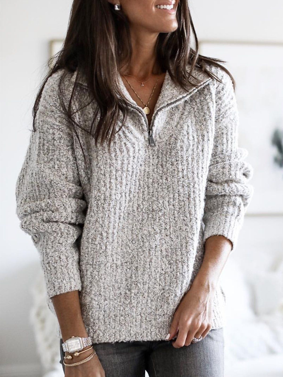 Isla Ribbed Relaxed Fit Zip-Up Sweater | Solid Long Sleeve Sweater