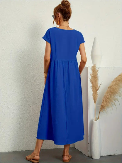 Women's Maxi Dress - Short Sleeve A-Line - Crew Neck Loose Fit - Flowy Casual Wear