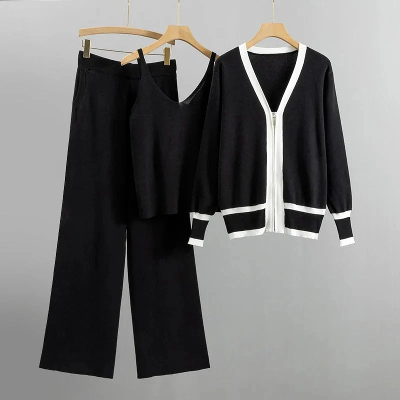 Women’s Knit Cardigan – Relaxed Fit – Zip Front – Contrast Trim – Casual Set Piece