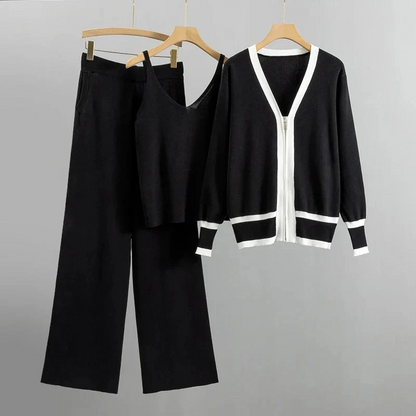 Women’s Knit Cardigan – Relaxed Fit – Zip Front – Contrast Trim – Casual Set Piece