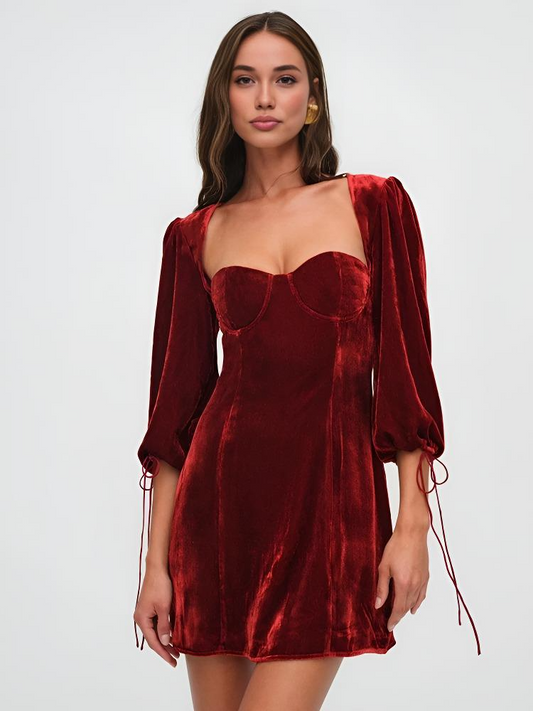 Women’s Mini Dress – Velvet Slim Fit – Puff Sleeve – Sweetheart Neck – Cocktail Wear