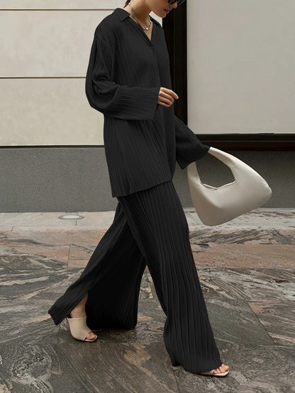 Women’s Tunic-Length Shirt - Knit - V-Neck - Button Front - Wide-Leg Pants Set - Knit