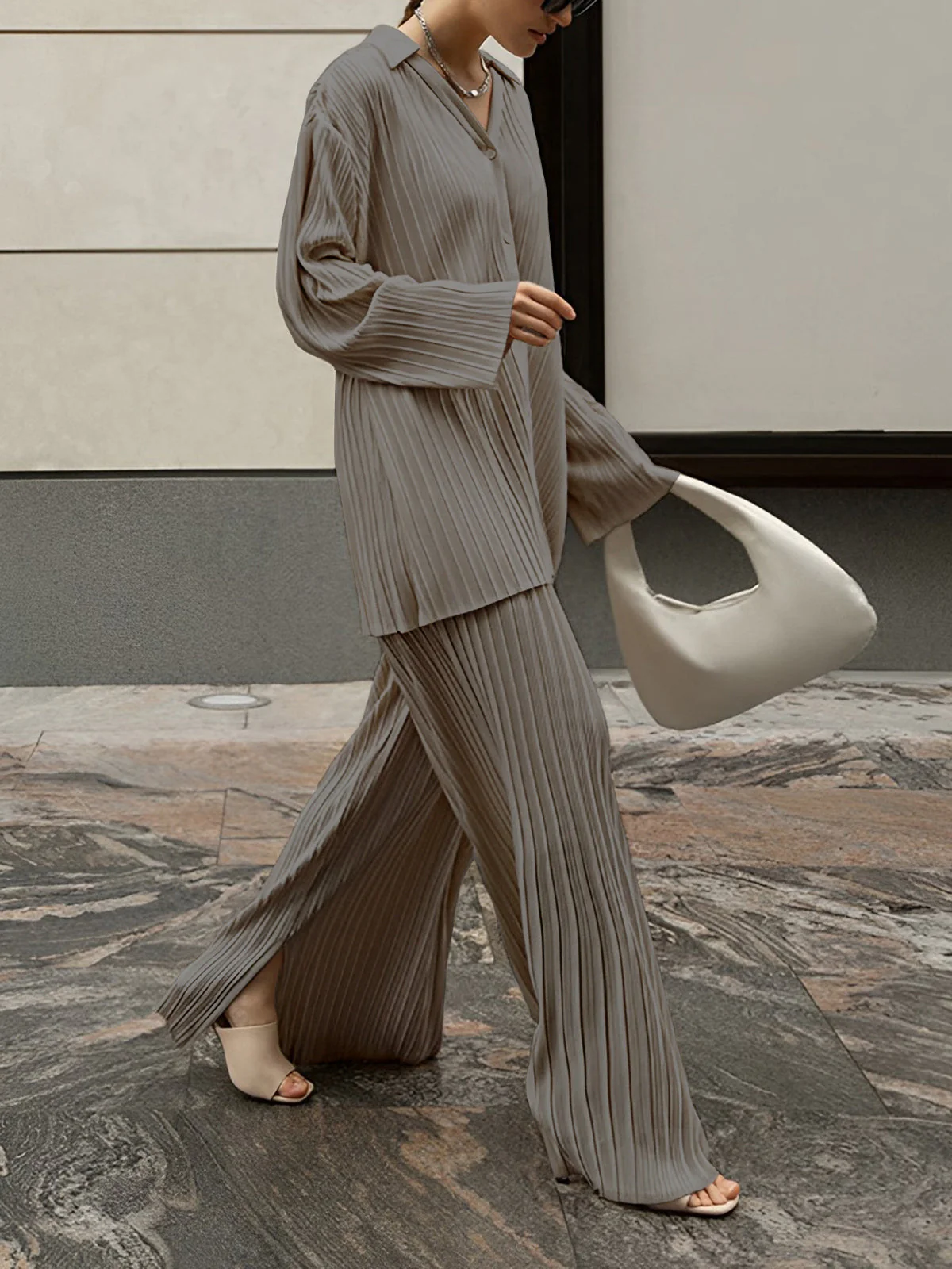 Women’s Tunic-Length Shirt - Knit - V-Neck - Button Front - Wide-Leg Pants Set - Knit