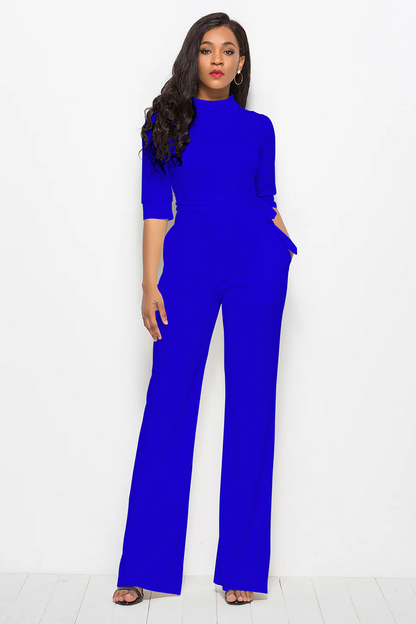 Women’s Full-Length Wide-Leg Jumpsuit - Stretch Fabric - Stand Collar - Waist Tie