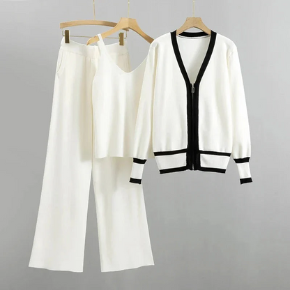 Women’s Knit Cardigan – Relaxed Fit – Zip Front – Contrast Trim – Casual Set Piece