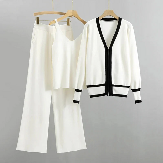 Women’s Knit Cardigan – Relaxed Fit – Zip Front – Contrast Trim – Casual Set Piece