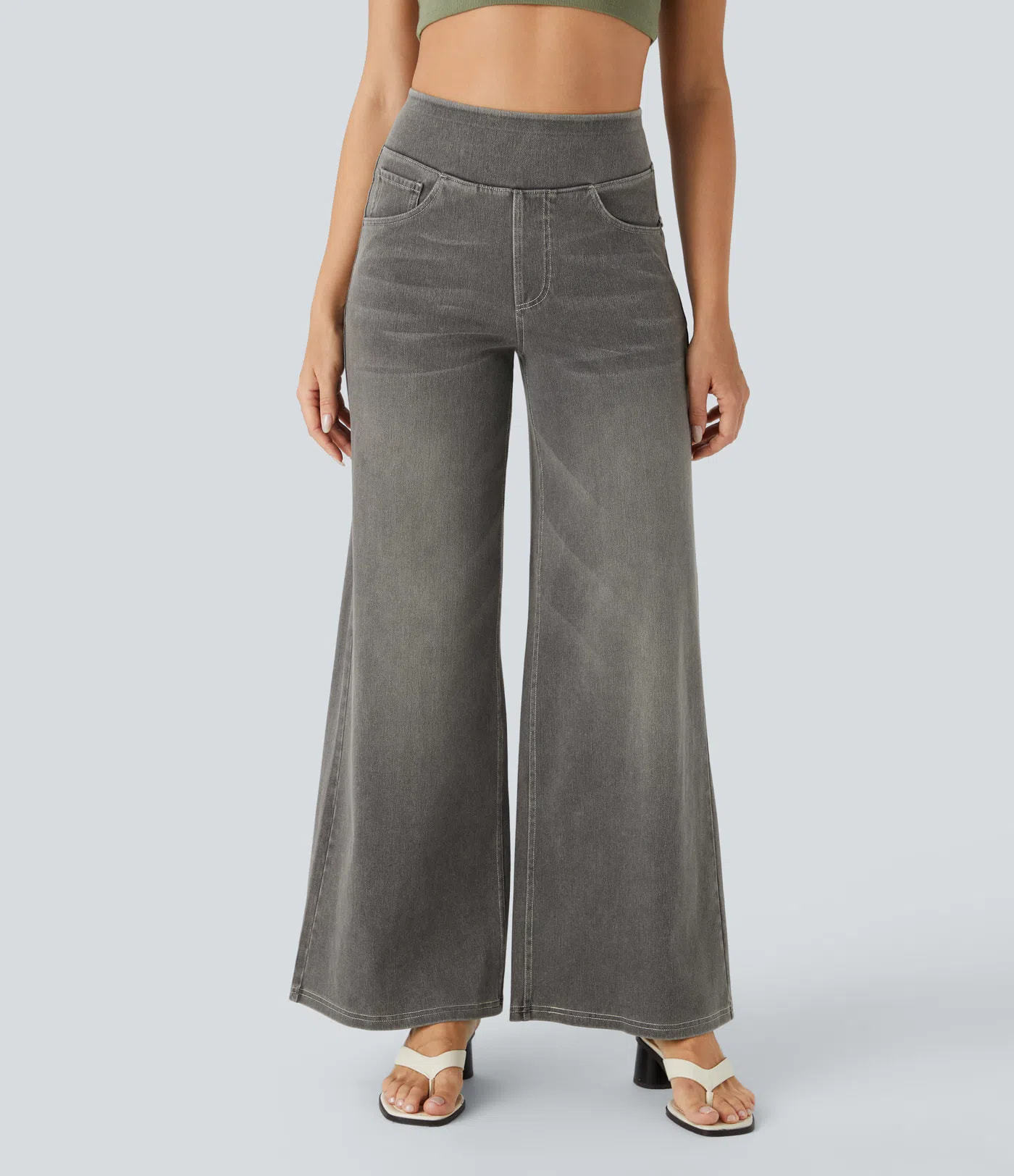 Women’s Wide Leg Pants – High Rise – Slim Waist – Full Length – Denim Look