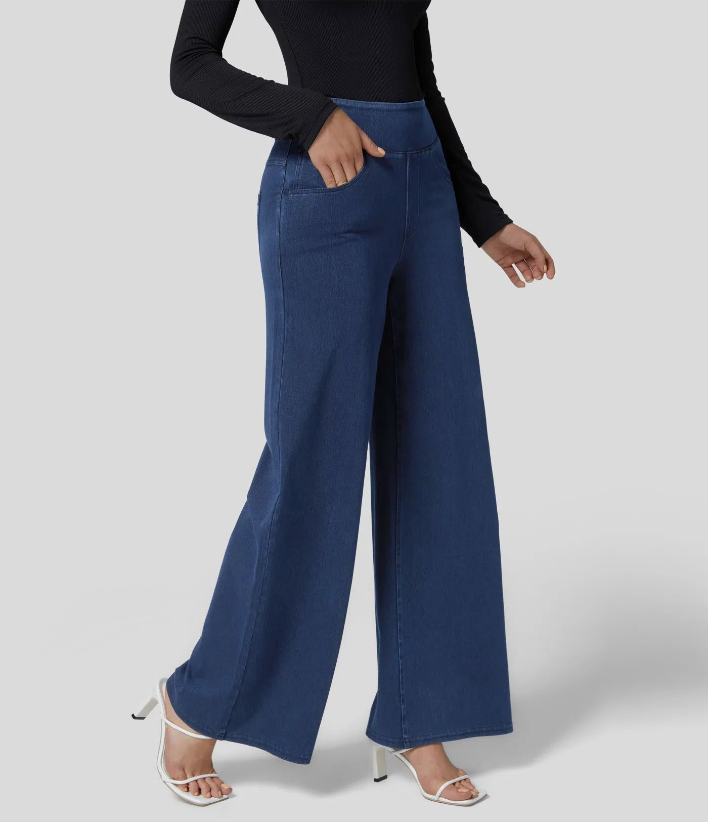 Women’s Wide Leg Pants – High Rise – Slim Waist – Full Length – Denim Look