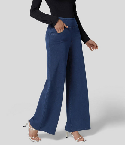 Women’s Wide Leg Pants – High Rise – Slim Waist – Full Length – Denim Look