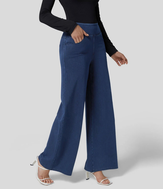 Women’s Wide Leg Pants – High Rise – Slim Waist – Full Length – Denim Look
