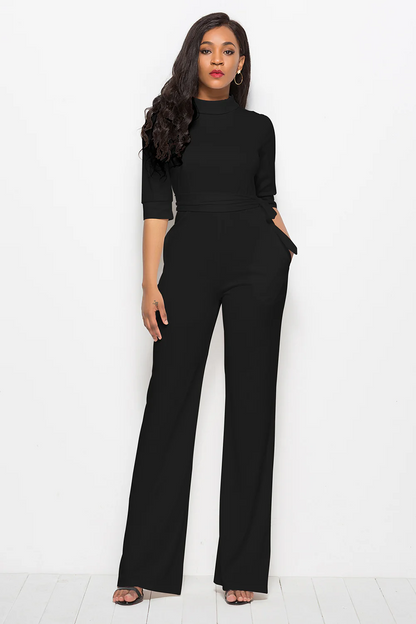Women’s Full-Length Wide-Leg Jumpsuit - Stretch Fabric - Stand Collar - Waist Tie