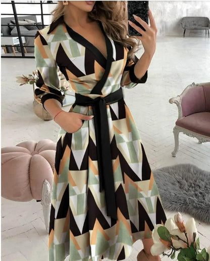 Women's Wrap Dress - V-Neck - Long Sleeve - Adjustable Waist Tie - Butterfly Print