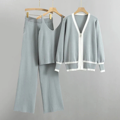 Women’s Knit Cardigan – Relaxed Fit – Zip Front – Contrast Trim – Casual Set Piece