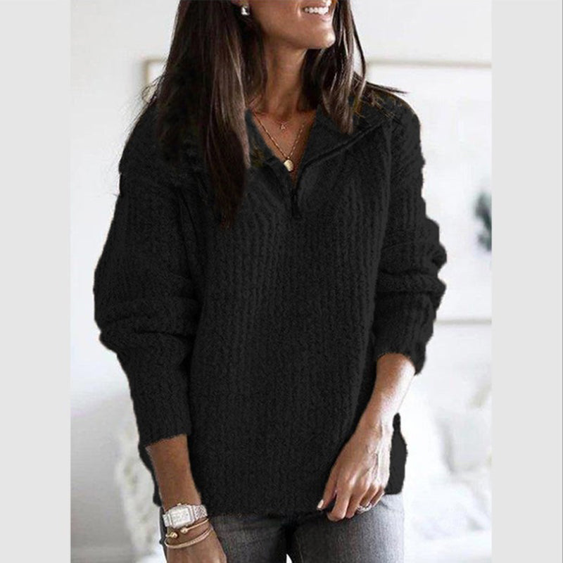 Isla Ribbed Relaxed Fit Zip-Up Sweater | Solid Long Sleeve Sweater