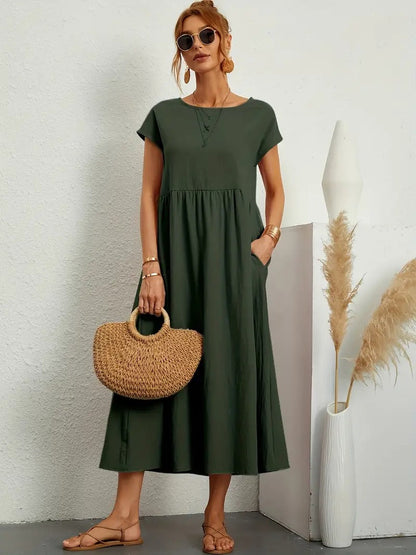 Women's Maxi Dress - Short Sleeve A-Line - Crew Neck Loose Fit - Flowy Casual Wear