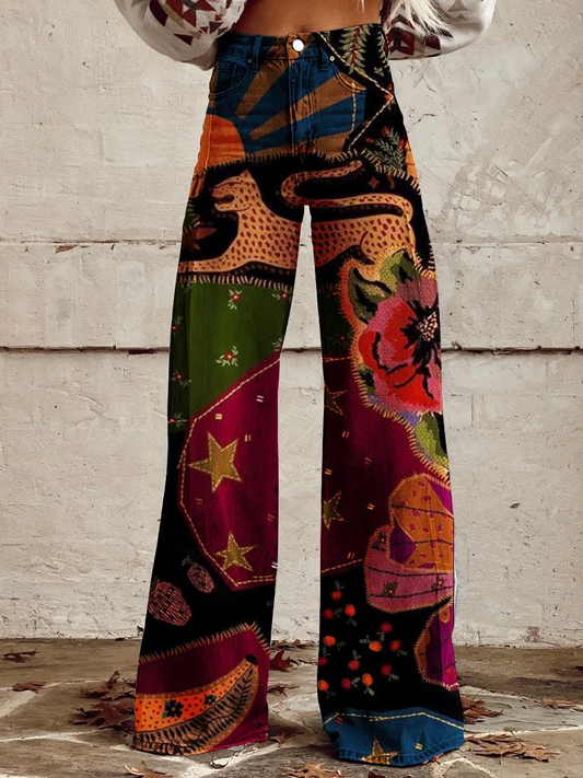 Women’s Flared Trousers – Vintage Print – Cotton Feel – Full Length Casual Fit