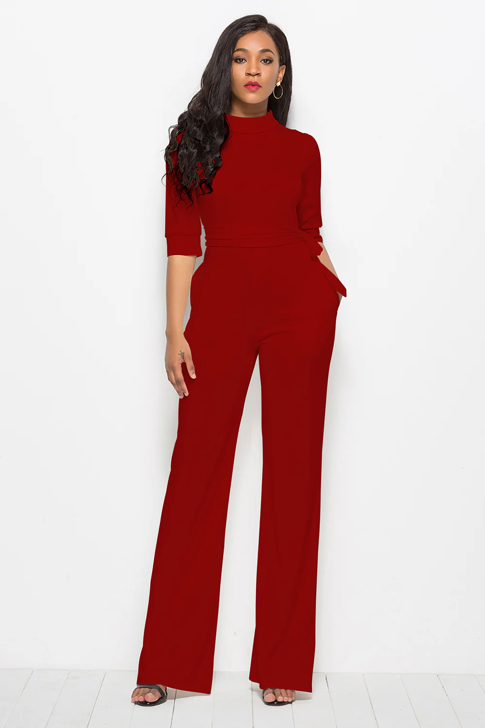 Women’s Full-Length Wide-Leg Jumpsuit - Stretch Fabric - Stand Collar - Waist Tie
