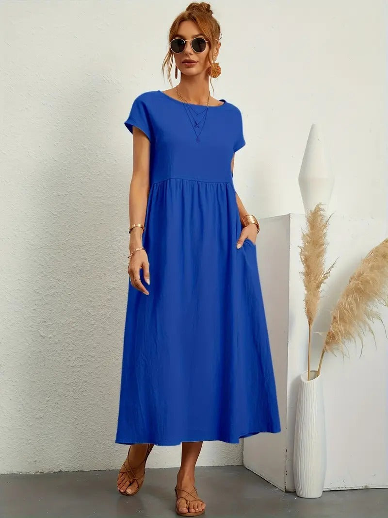 Women's Maxi Dress - Short Sleeve A-Line - Crew Neck Loose Fit - Flowy Casual Wear