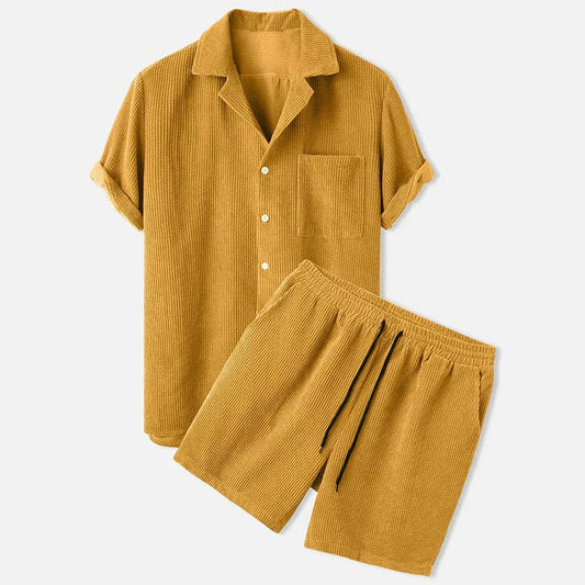 Men’s Shirt and Shorts Set – Relaxed Fit – Breathable Blend – Textured Casual Wear