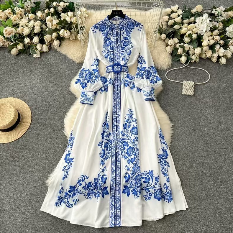 Women's Long Dress - High Collar - Belted Waist - Floral Pattern - Long Sleeves